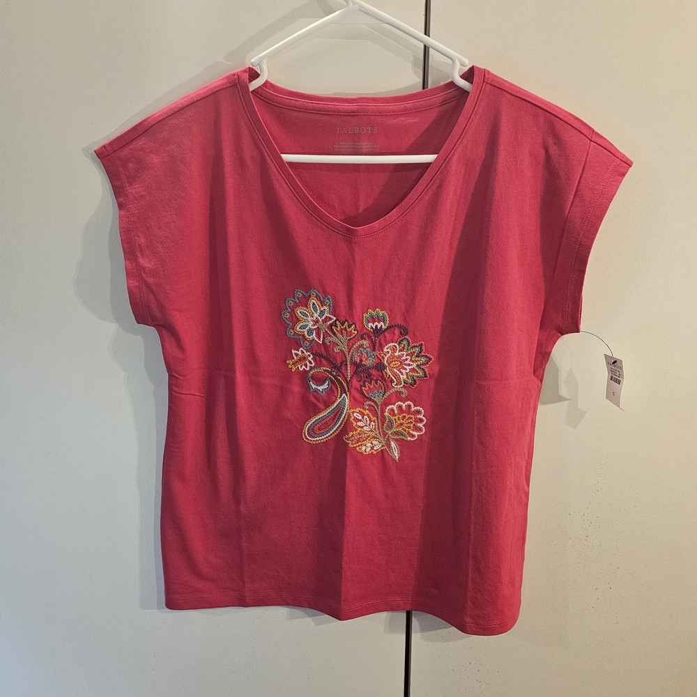 Talbots Women's Pink Embroidered Short Sleeve Tee